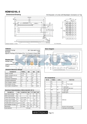 HDM16216L-5 datasheet - 16 Character x 2 Lines LED Backlight, Connector on Top