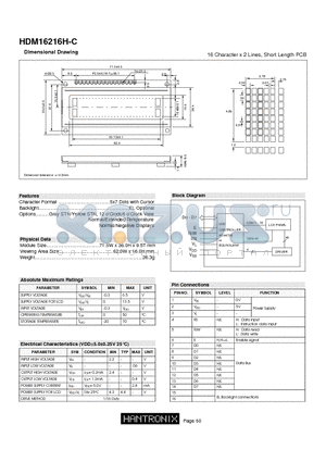 HDM16216H-C datasheet - 16 Character x 2 Lines, Short Length PCB