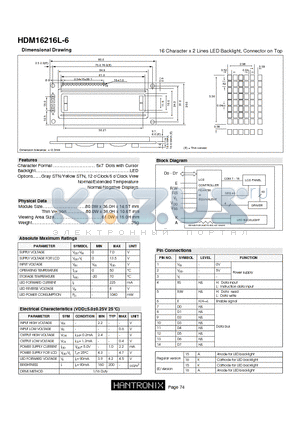HDM16216L-6 datasheet - 16 Character x 2 Lines LED Backlight, Connector on Top