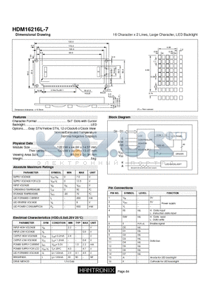 HDM16216L-7 datasheet - 16 Character x 2 Lines, Large Character, LED Backlight