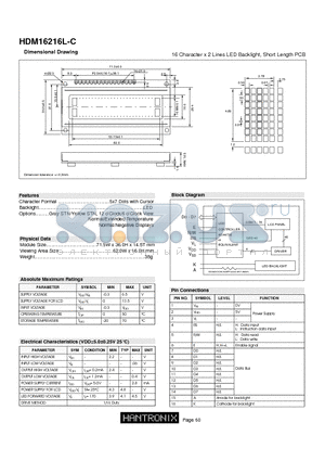 HDM16216L-C datasheet - 16 Character x 2 Lines LED Backlight, Short Length PCB