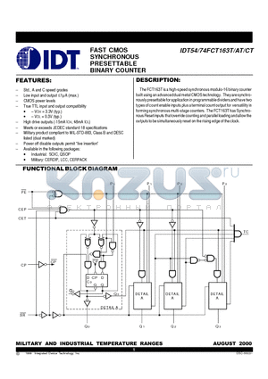 IDT74FCT163TQB datasheet - FAST CMOS SYNCHRONOUS PRESETTABLE BINARY COUNTER