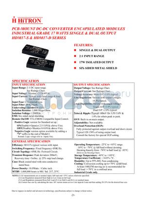 HDM17-12B-D03 datasheet - PCB-MOUNT DC-DC CONVERTER ENCAPSULATED MODULES INDUSTRIAL GRADE 17 WATTS SINGLE & DUAL OUTPUT