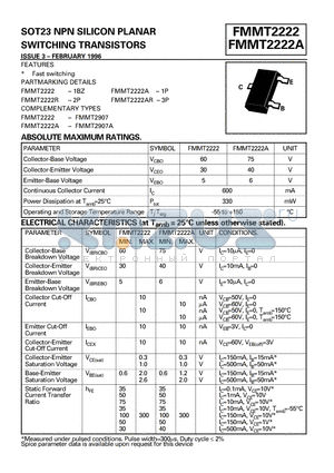 FMMT2222 datasheet - SOT23 NPN SILICON PLANAR SWITCHING TRANSISTORS