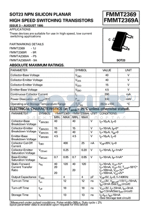 FMMT2369 datasheet - SOT23 NPN SILICON PLANAR HIGH SPEED SWITCHING TRANSISTORS