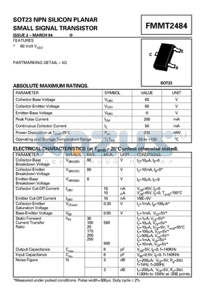 FMMT2484 datasheet - SOT23 NPN SILICON PLANAR SMALL SIGNAL TRANSISTOR