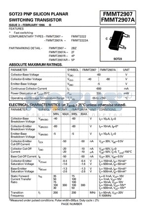 FMMT2907A datasheet - SOT23 PNP SILICON PLANAR SWITCHING TRANSISTOR