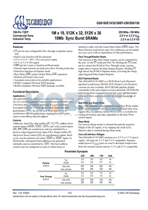 GS8160E36BGT-200 datasheet - 1M x 18, 512K x 32, 512K x 36 18Mb Sync Burst SRAMs