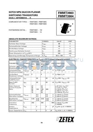 FMMT3903 datasheet - SOT23 NPN SILICON PLANAR SWITCHING TRANSISTORS