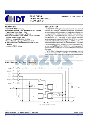 IDT74FCT16501CTPAG datasheet - FAST CMOS 18-BIT REGISTERED TRANSCEIVER