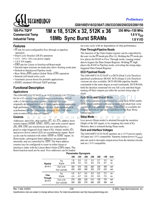 GS8160EV18AT-300 datasheet - 1M x 18, 512K x 32, 512K x 36 18Mb Sync Burst SRAMs