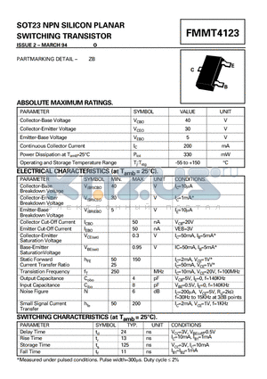 FMMT4123 datasheet - SOT23 NPN SILICON PLANAR SWITCHING TRANSISTOR