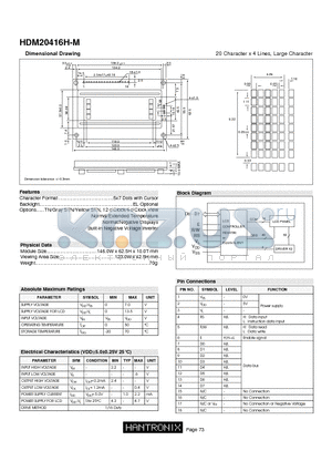 HDM20416H-M datasheet - 20 Character x 4 Lines, Large Character