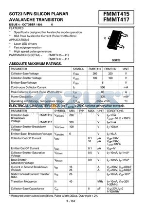 FMMT415 datasheet - SOT23 NPN SILICON PLANAR  AVALANCHE TRANSISTOR