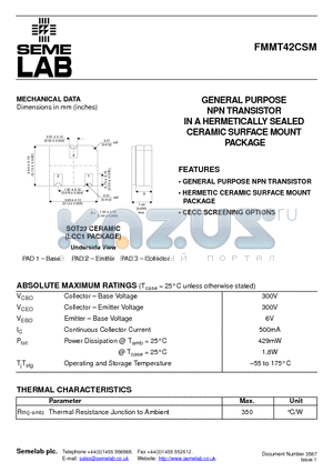 FMMT42CSM datasheet - GENERAL PURPOSE NPN TRANSISTOR IN A HERMETICALLY SEALED CERAMIC SURFACE MOUNT PACKAGE