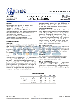 GS8160F18BGT-6.5I datasheet - 1M x 18, 512K x 32, 512K x 36 18Mb Sync Burst SRAMs