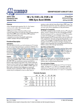 GS8160F18T-7.5I datasheet - 1M x 18, 512K x 32, 512K x 36 18Mb Sync Burst SRAMs