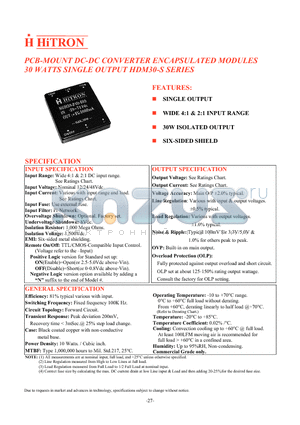 HDM30-24D-S12 datasheet - PCB-MOUNT DC-DC CONVERTER ENCAPSULATED MODULES 30 WATTS SINGLE OUTPUT