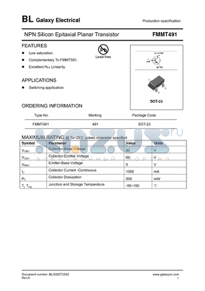 FMMT491 datasheet - NPN Silicon Epitaxial Planar Transistor