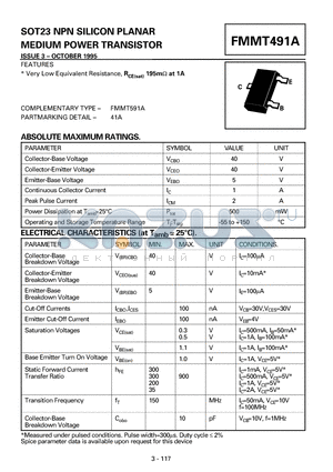 FMMT491A datasheet - NPN SILICON PLANAR MEDIUM POWER TRANSISTOR