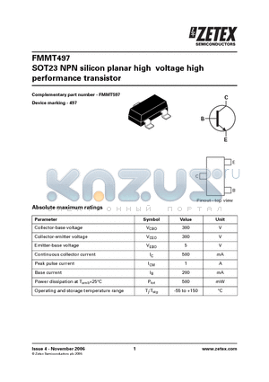 FMMT497 datasheet - SOT23 NPN silicon planar high voltage high performance transistor