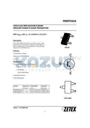 FMMT493A datasheet - 60V NPN SILICON PLANAR MEDIUM POWER PLANAR TRANSISTOR