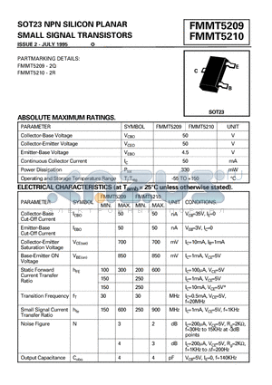 FMMT5209 datasheet - SOT23 NPN SILICON PLANAR SMALL SIGNAL TRANSISTORS