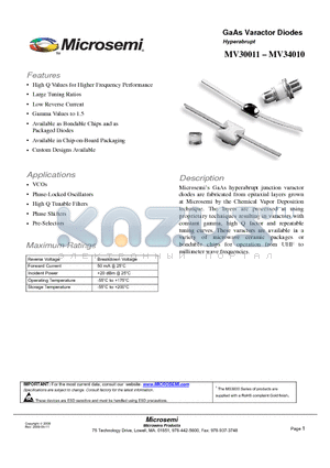 MV30007 datasheet - GaAs Varactor Diodes Hyperabrupt