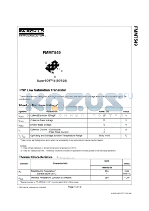 FMMT549 datasheet - PNP Low Saturation Transistor