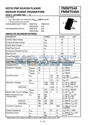 FMMT549 datasheet - SOT23 PNP SILICON PLANAR MEDIUM POWER TRANSISTORS