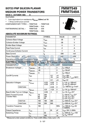 FMMT549A datasheet - PNP SILICON PLANAR MEDIUM POWER TRANSISTORS