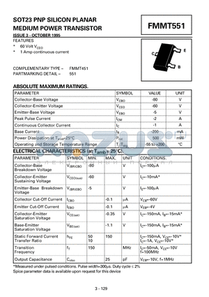 FMMT551 datasheet - SOT23 PNP SILICON PLANAR MEDIUM POWER TRANSISTOR