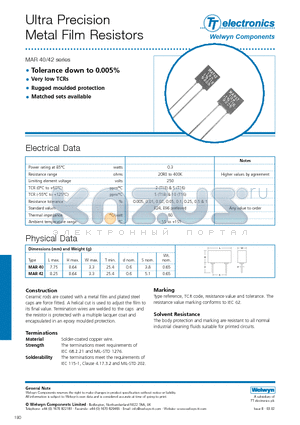 MAR40 datasheet - Ultra Precision Metal Film Resistors