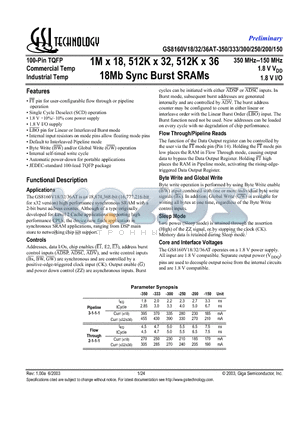 GS8160V18AT-200I datasheet - 1M x 18, 512K x 32, 512K x 36 18Mb Sync Burst SRAMs
