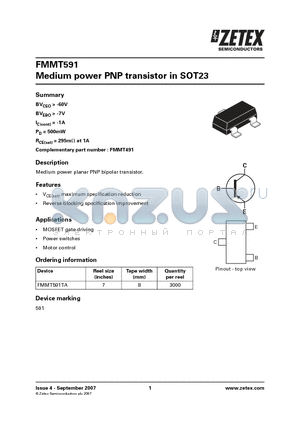 FMMT591 datasheet - Medium power PNP transistor in SOT23