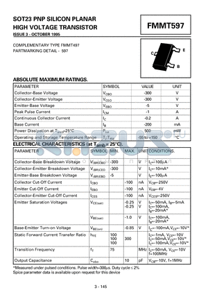 FMMT597 datasheet - PNP SILICON PLANAR HIGH VOLTAGE TRANSISTOR