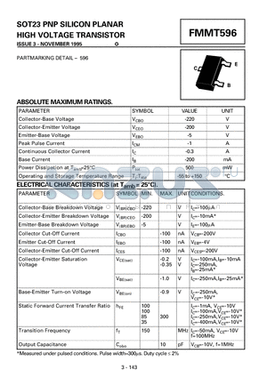 FMMT596 datasheet - PNP SILICON PLANAR HIGH VOLTAGE TRANSISTOR