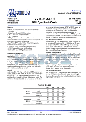 GS8160V36CGT-250I datasheet - 1M x 18 and 512K x 36 18Mb Sync Burst SRAMs