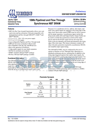 GS8160Z18BGT-150I datasheet - 18Mb Pipelined and Flow Through Synchronous NBT SRAM