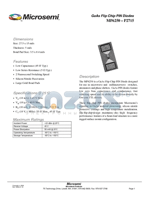P2715 datasheet - GaAs Flip Chip PIN Diodes