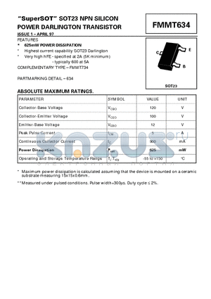 FMMT634 datasheet - NPN SILICON POWER DARLINGTON TRANSISTOR