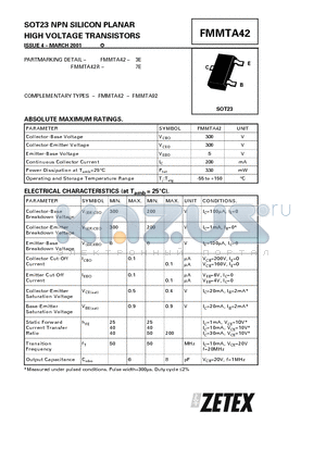 FMMTA42 datasheet - SOT23 NPN SILICON PLANAR HIGH VOLTAGE TRANSISTORS