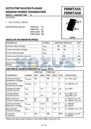FMMTA56R datasheet - SOT23 PNP SILICON PLANAR MEDIUM POWER TRANSISTORS