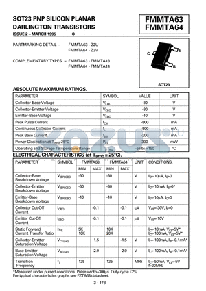 FMMTA64 datasheet - SOT23 PNP SILICON PLANAR DARLINGTON TRANSISTORS