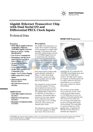 HDMP-1638 datasheet - Gigabit Ethernet Transceiver Chip with Dual Serial I/O and Differential PECL Clock Inputs