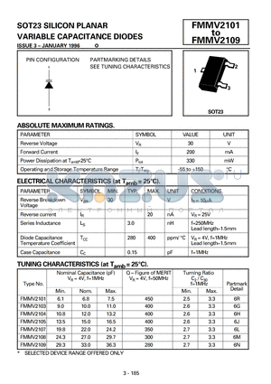 FMMV2106 datasheet - SOT23 SILICON PLANAR VARIABLE CAPACITANCE DIODES