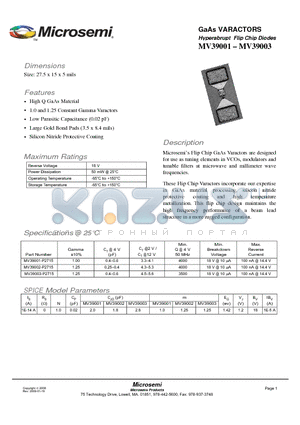 MV39001 datasheet - GaAs VARACTORS TM Hyperabrupt Flip Chip Diodes