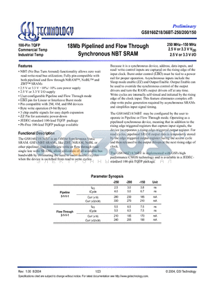 GS8160Z36T-225I datasheet - 18Mb Pipelined and Flow Through Synchronous NBT SRAM