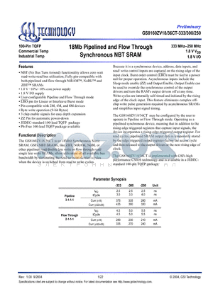 GS8160ZV18CGT-250I datasheet - 18Mb Pipelined and Flow Through Synchronous NBT SRAM