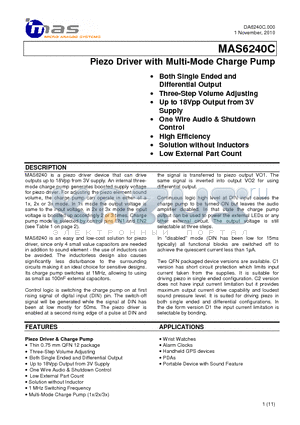 MAS6240C datasheet - Piezo Driver with Multi-Mode Charge Pump